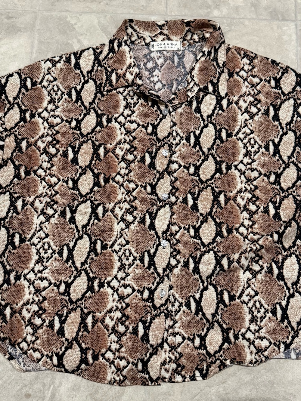 Jon & Anna Brown and Cream Snake-Print Short Sleeve Button Down Shirt